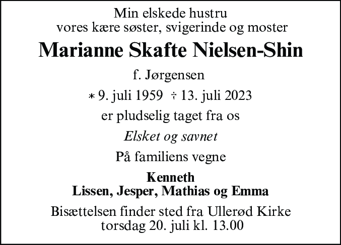 Dødsannonce for Marianne Skafte Nielsen-Shin
