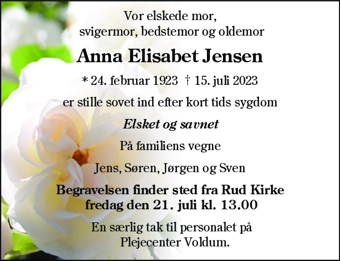 Dødsannonce for Anna Elisabet Jensen