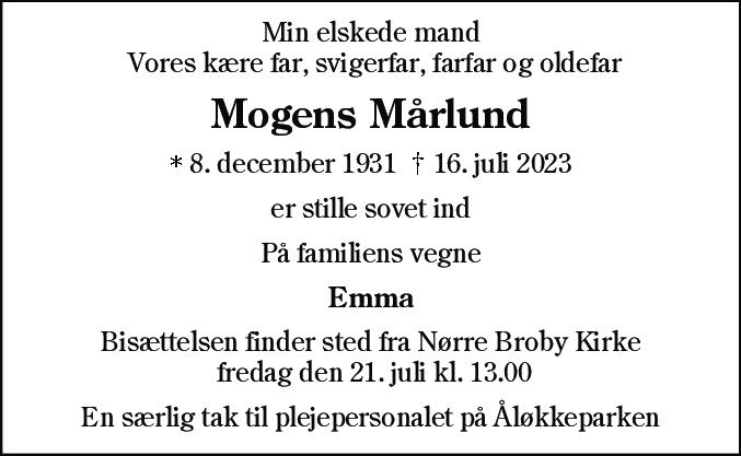 Dødsannonce for Albert Mogens Mårlund
