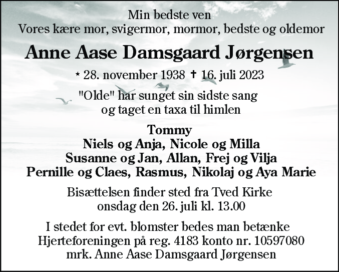 Dødsannonce for Anne Aase Damsgaard Jørgensen
