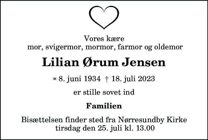 Dødsannonce for Lilian Ørum Jensen