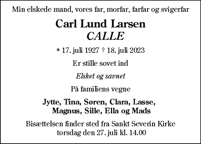 Dødsannonce for Carl Lund Larsen