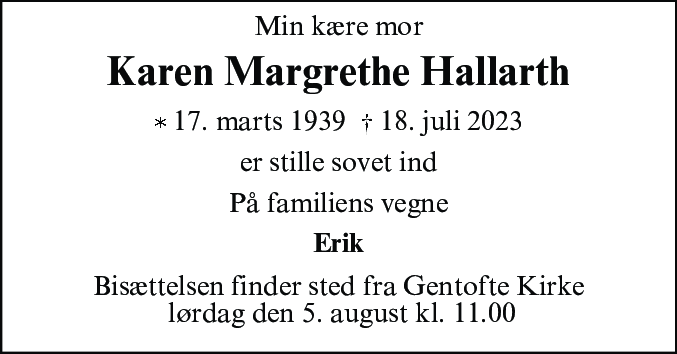 Dødsannonce for Karen Margrethe Hallarth