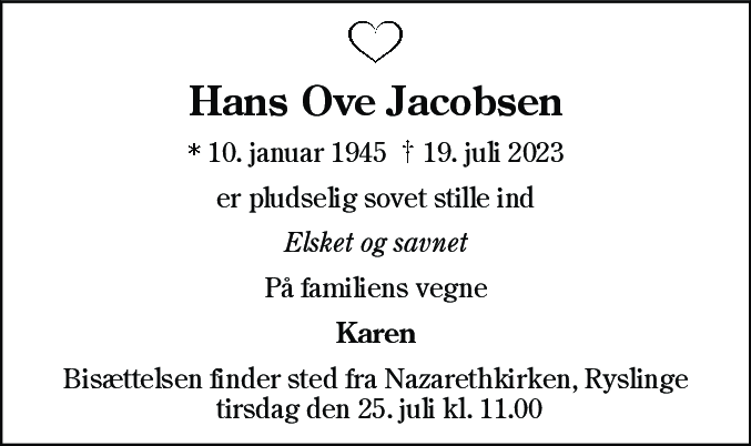 Dødsannonce for Hans Ove Jacobsen