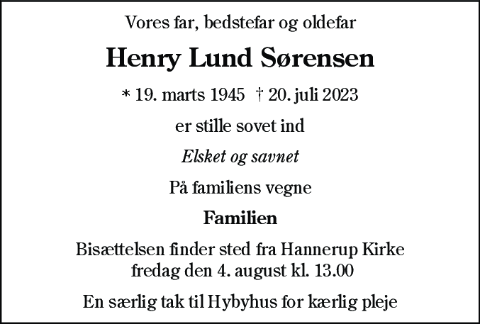 Dødsannonce for Henry Lund Sørensen