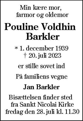Dødsannonce for Pouline Voldhin Barkler