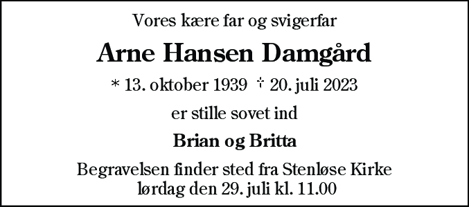 Dødsannonce for Arne Hansen Damgård