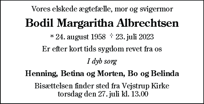 Dødsannonce for Bodil Margaritha Albrechtsen