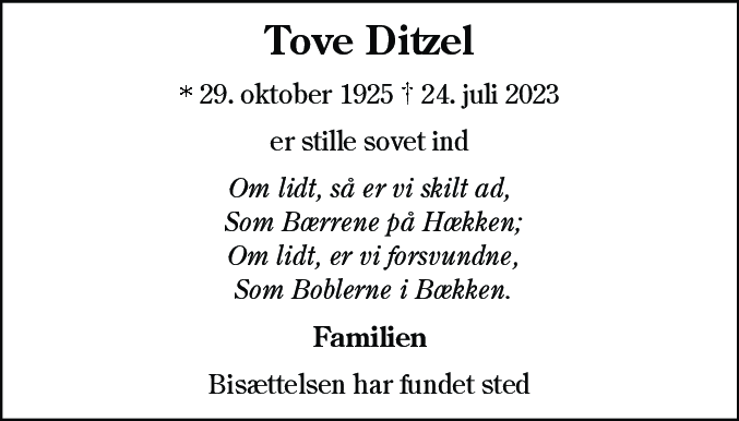 Dødsannonce for Tove Ditzel