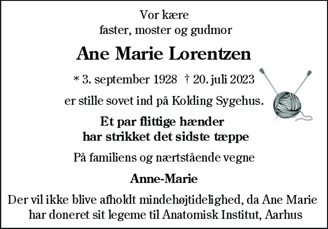 Dødsannonce for Ane Marie Lorentzen