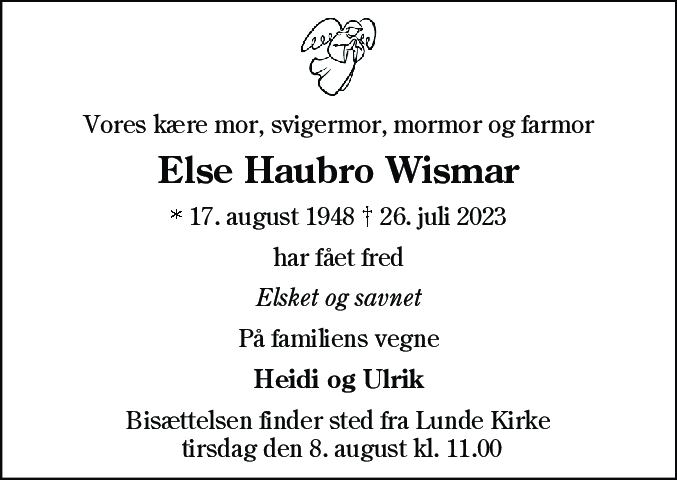 Dødsannonce for Else Haubro Wismar