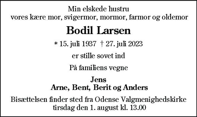 Dødsannonce for Bodil Larsen