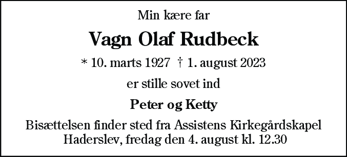 Dødsannonce for Vagn Olaf Rudbeck