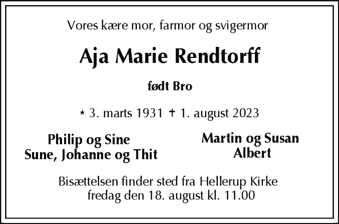 Dødsannonce for Aja Marie Rendtorff