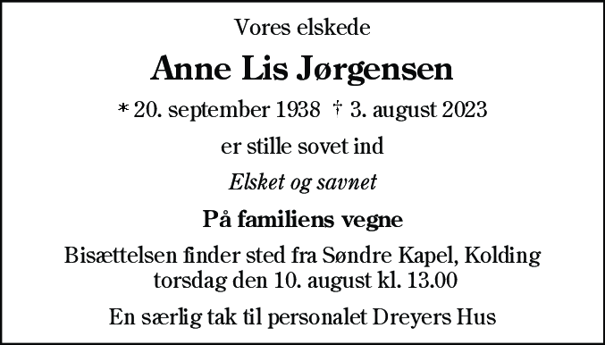 Dødsannonce for Anne Lis Jørgensen