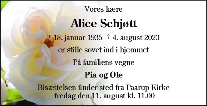 Dødsannonce for Alice Schjøtt