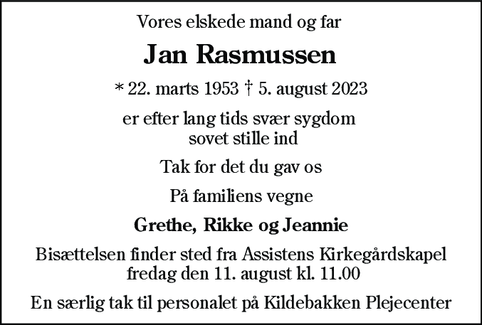 Dødsannonce for Jan Rasmussen