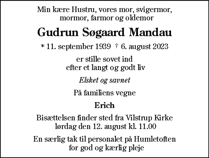Dødsannonce for Gudrun Søgaard Mandau