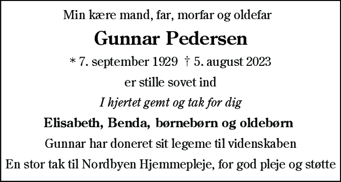 Dødsannonce for Gunnar Pedersen