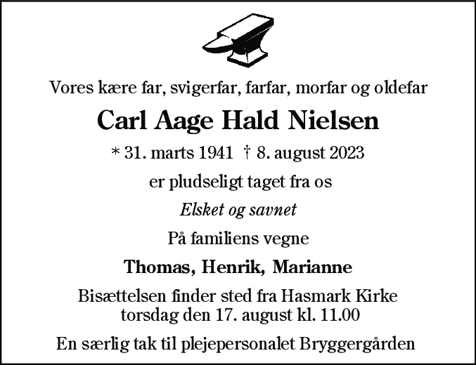 Dødsannonce for Carl Aage Hald Nielsen