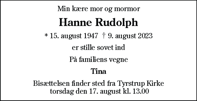 Dødsannonce for Hanne Rudolph