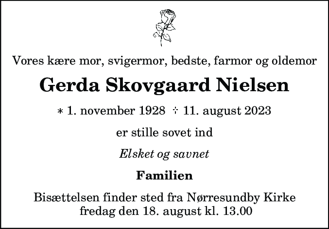 Dødsannonce for Gerda Skovgaard Nielsen