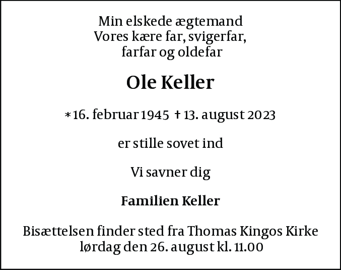 Dødsannonce for Ole Keller