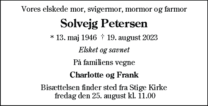 Dødsannonce for Solvejg Agnete Have Petersen