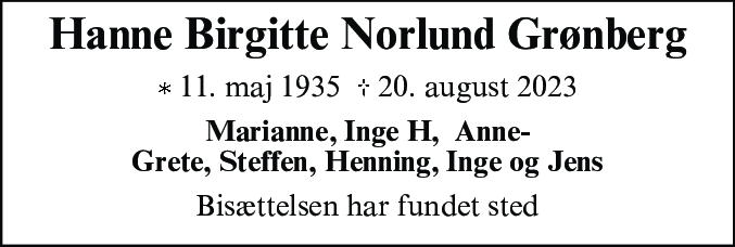 Dødsannonce for Hanne Birgitte Norlund Grønberg