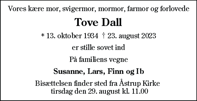 Dødsannonce for Tove Dall