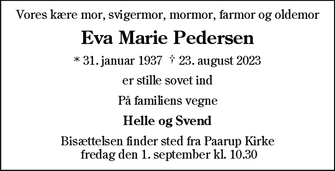 Dødsannonce for Eva Marie Pedersen