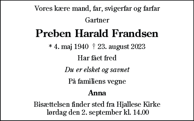 Dødsannonce for Preben Harald Frandsen