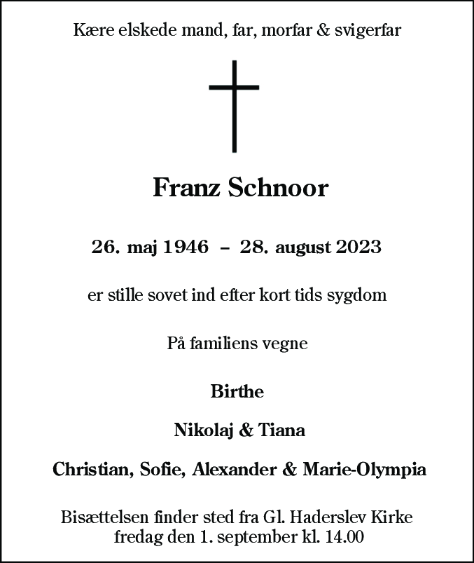 Dødsannonce for Franz Schnoor