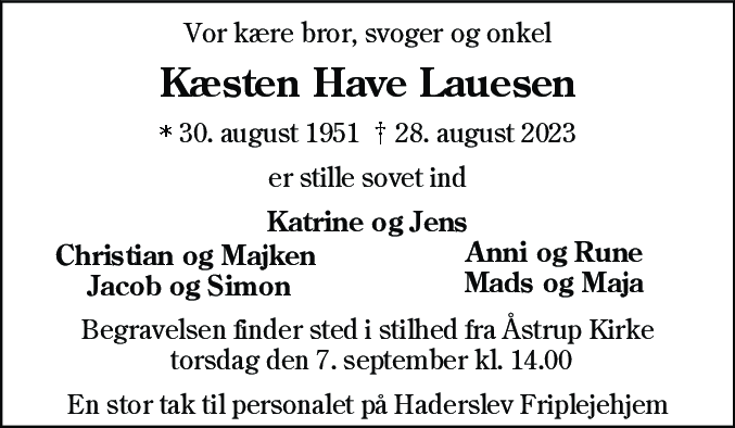 Dødsannonce for Kæsten Have Lauesen