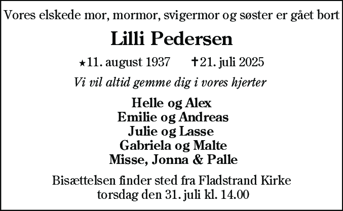 Dødsannonce for Lilli Pedersen