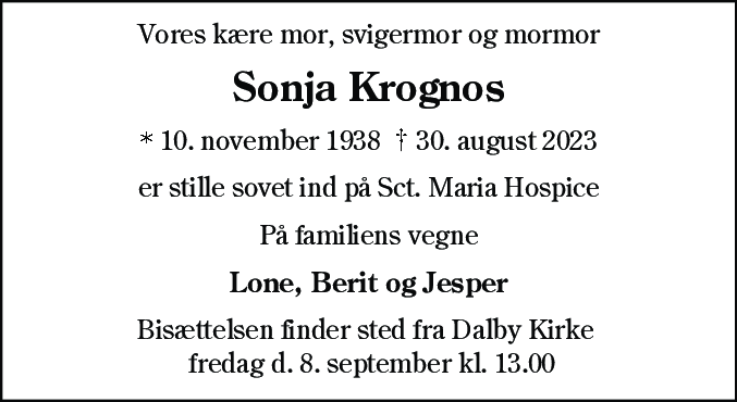 Dødsannonce for Sonja Krognos