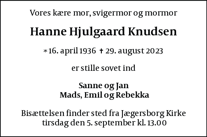 Dødsannonce for Hanne Hjulgaard Knudsen