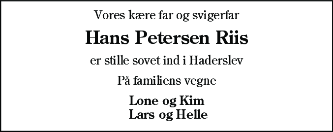 Dødsannonce for Hans Petersen Riis