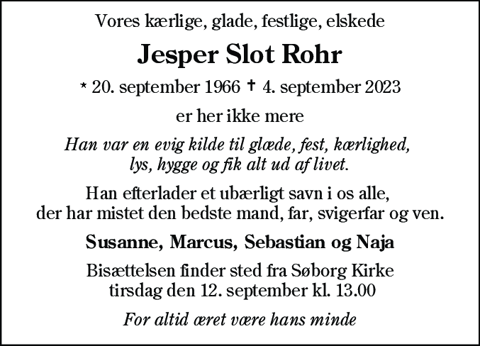 Dødsannonce for Jesper Slot Rohr