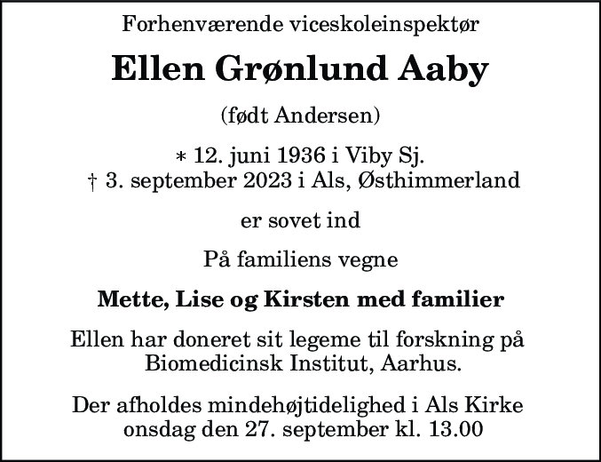Dødsannonce for Ellen Grønlund Aaby (Dødsannoncer)