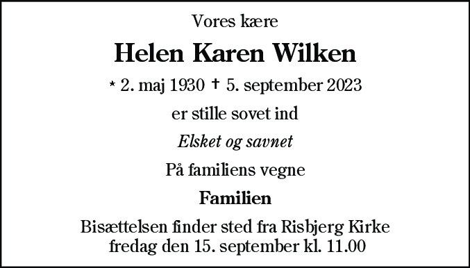 Dødsannonce for Helen Karen Wilken