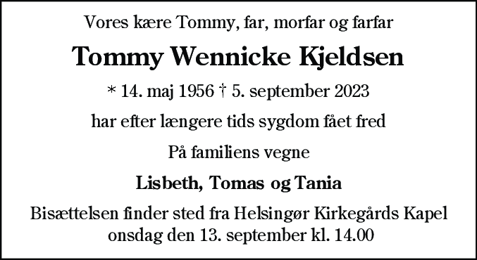 Dødsannonce for Tommy Wennicke Kjeldsen