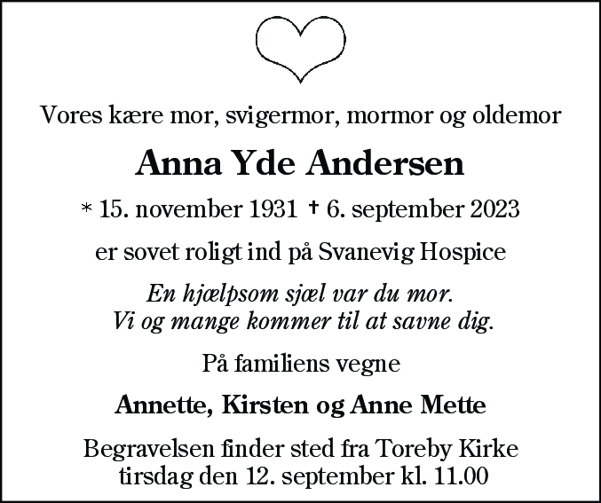 Dødsannonce for Anna Yde Andersen