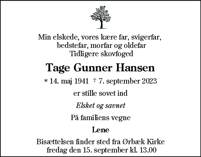Dødsannonce for Tage Gunner Hansen
