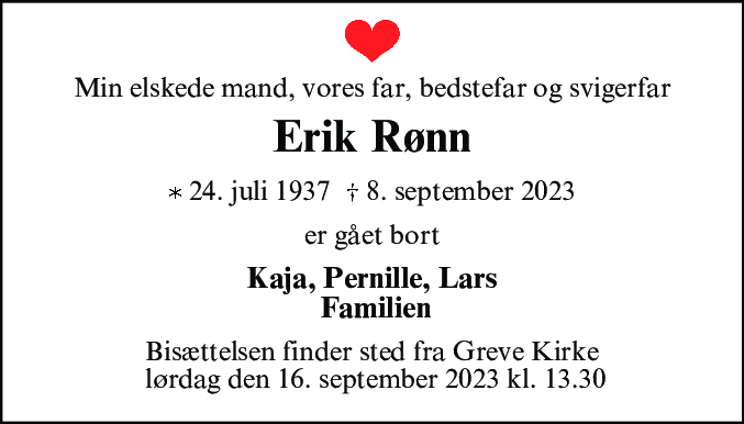Dødsannonce for Erik Rønn