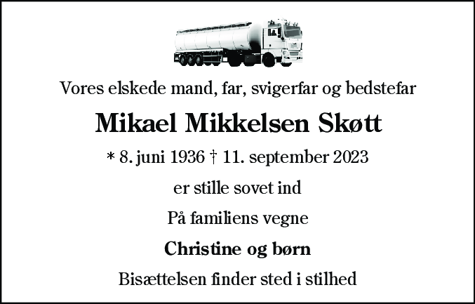 Dødsannonce for Mikael Mikkelsen Skøtt