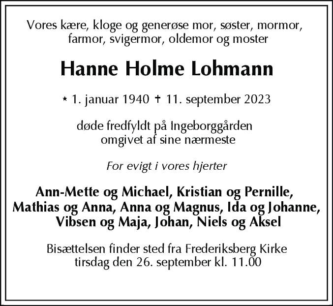 Dødsannonce for Hanne Holme Lohmann