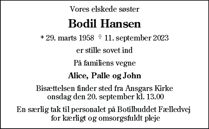 Dødsannonce for Bodil Hansen