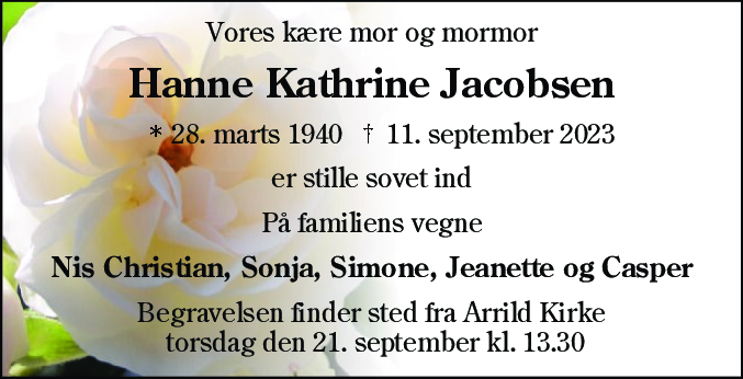 Dødsannonce for Hanne Kathrine Jacobsen