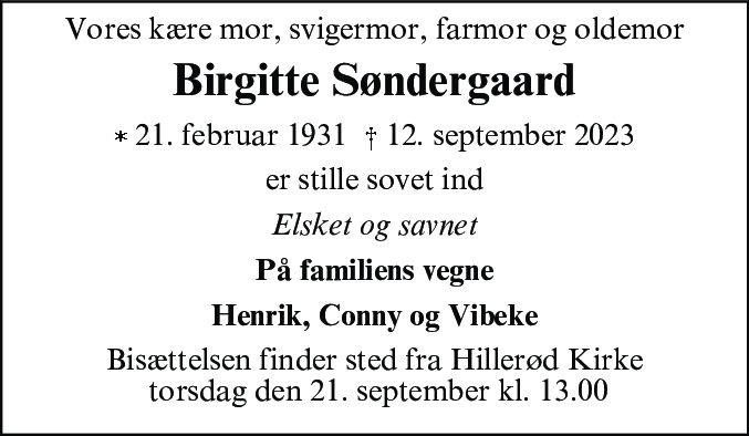 Dødsannonce for Birgitte Søndergaard